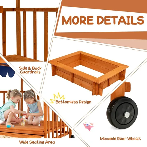 Miniatura 12 de Costzon Caja de Arena Retráctil para Niños con Toldo, Casa de Juegos Cabaña de Madera de Cedro con Área de Juego Grande, Ruedas Traseras