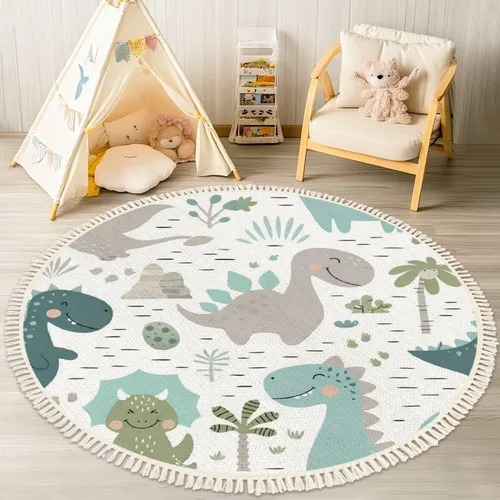 Miniatura 9 de Round Rugs - Alfombra de dinosaurio para bebé y niño, diseño escandinavo, bonita alfombra de lino y algodón, alfombra de meditación, lavable