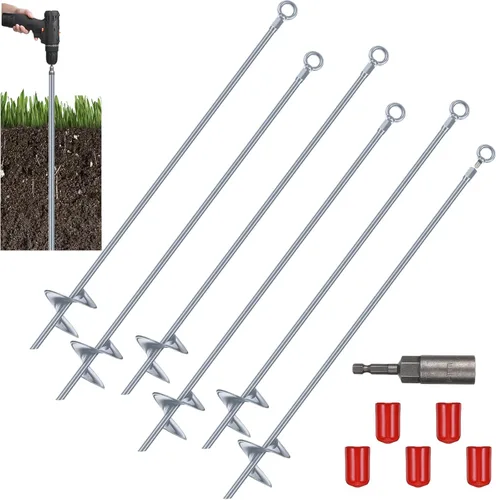 Miniatura 13 de Lasnten Juego de 6 piezas de anclas de tierra de servicio pesado de 30 pulgadas con hoja en espiral, kit de anclas de tierra, gancho de ancla