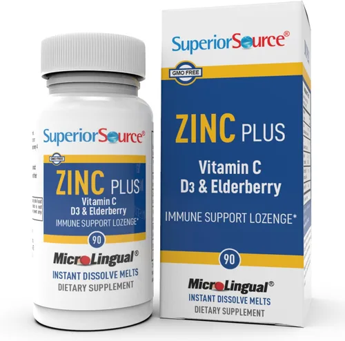 Superior Source Zinc Plus - Suplemento de apoyo a la salud del sistema inmunológico - Vitamina C, saúco y vitamina D3-90 tabletas de disolución