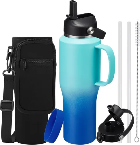 Miniatura 29 de Botella de agua de acero inoxidable de 32 onzas, frío-48 horas y caliente-24 horas, termo con popote y tapas de boquilla, bolsa, botella aislada al