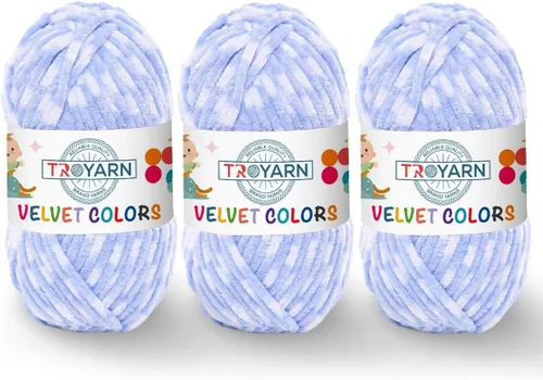 Miniatura 49 de TROYARN Hilo de lana de terciopelo en colores (paquete de 3 madejas) Chenille para manta Amigurumi, hilo para crochet y punto súper voluminoso 3x100