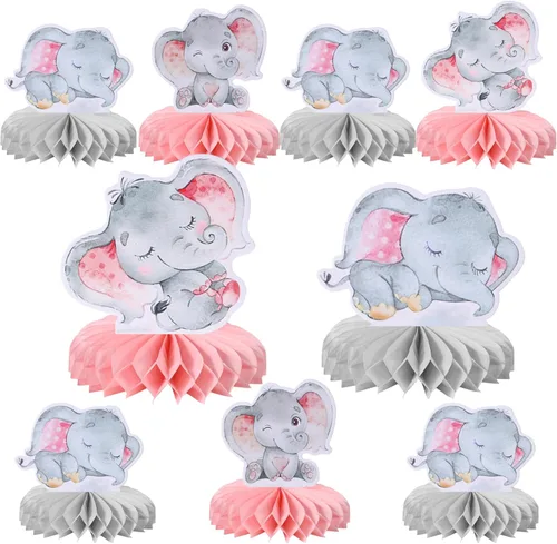 6 piezas de centro de mesa de nido de abeja de elefante rosa It's a Girl Baby Shower, centros de mesa de panal para temática de elefante, revelación