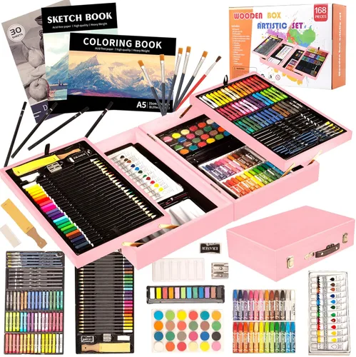 Miniatura 10 de KINSPORY Juego de 168 piezas de suministros de arte, set de arte de madera de lujo, kit de dibujo, pintura y colorear, 3 paquetes de blocs de Beige