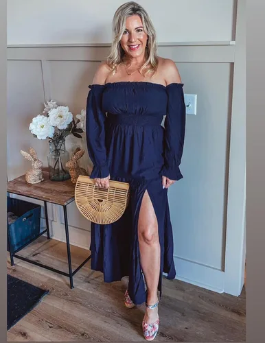 Miniatura 14 de ZESICA - Vestido largo, bohemio y sexy, con hombros descubiertos y manga larga fruncida, con elástico fruncido, cintura alta y abertura lateral