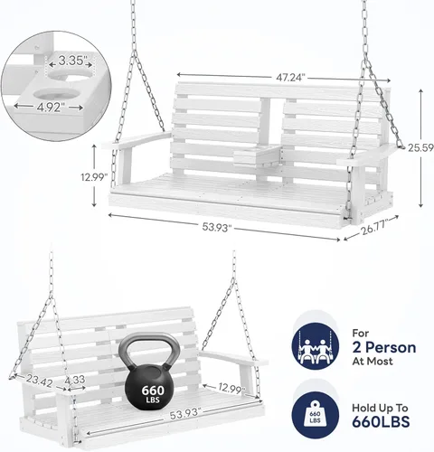 Miniatura 32 de KINGYES Columpio colgante para porche al aire libre, silla de columpio de patio de 2 asientos con portavasos, banco impermeable para patio y jardín