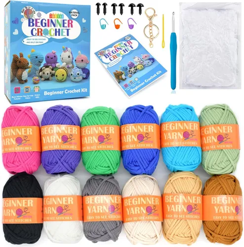 Miniatura 8 de Paquete de 24 hilos de ganchillo para principiantes, color azul, verde, rosa, morado, amarillo, arco iris, algodón fácil de ganchillo para tejer, 24