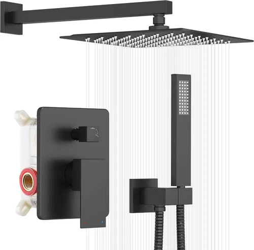 ESNBIA - Sistema de regadera, estilo lluvia de 12 pulgadas para baño con juego combinado de mano, sistema dual de alta presión montado en la pared,