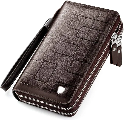 Bolso de mano para hombre, bolso de cuero genuino con cremallera, cartera larga para negocios, bolso de mano grande