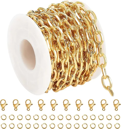 Miniatura 12 de 16.4 pies de cadenas de acero inoxidable plateadas para hacer joyería, collar pesado de hip-pop para hombres, cadena de eslabones en relieve a Rolo