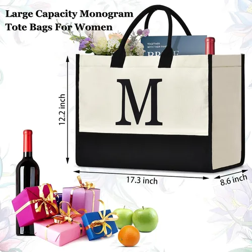 Miniatura 156 de Initial Canvas Tote Bag Birthdays Gift for Women Mom Teacher Friend Bridesmaid,Custom for Wedding Beach Holidays