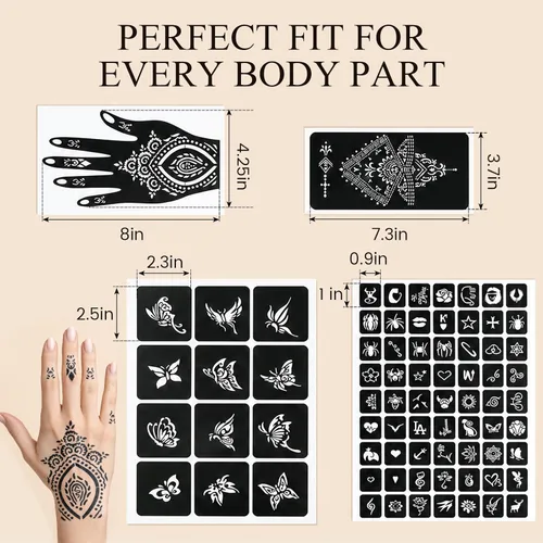 Miniatura 5 de Koogel Kit de plantillas de tatuaje de henna de 18 hojas, 97 plantillas de tatuaje con brillantina temporal para pintura facial y arte corporal