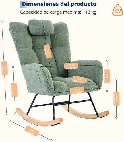 Miniatura 2 de Mecedora deslizadora tapizada con patas de madera para sala de estar, dormitorio, cuarto de bebé, incluye bolsillos laterales
