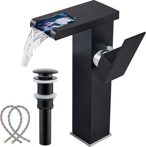 Miniatura 8 de Grifo para Lavabo Tipo Recipiente Cascada Dorado Negro de Un Solo Orificio con Desagüe Pop-Up Sin Rebosadero y Líneas de Suministro Grifos de Baño