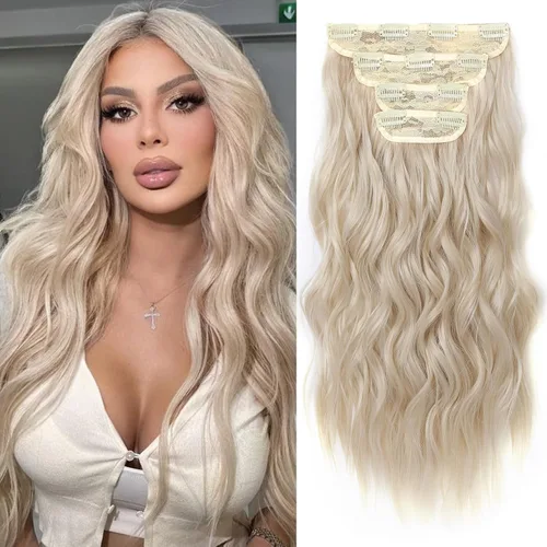 REECHO Extensiones de cabello, 4 extensiones de cabello con clip, HE001, extensiones de cabello sintético suave natural para mujer, rubio claro