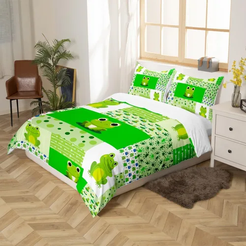Miniatura 2 de Juego de ropa de cama de rana verde, funda de edredón de anfibios tropicales para niños, niñas, adolescentes, funda de edredón geométrica