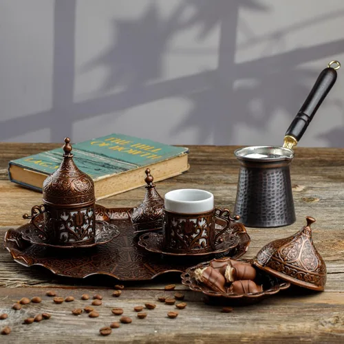 Miniatura 2 de Juego completo de preparación y servicio de café turco, griego y árabe DEMMEX con tazas, platillos, tapas, azucarero, bandeja y cafetera de cobre