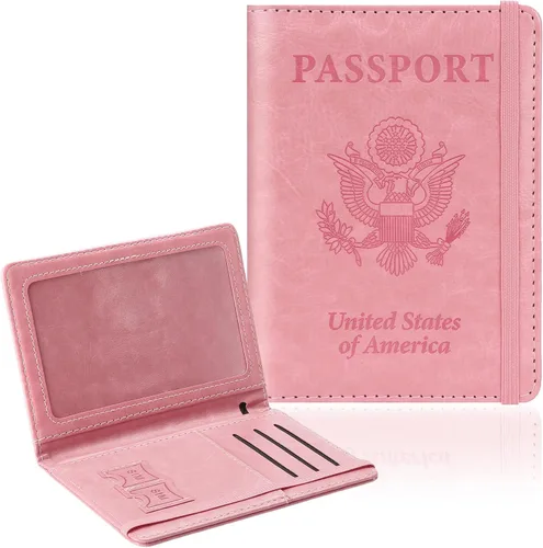 Miniatura 14 de Soporte para pasaporte para viajes, funda de pasaporte con bloqueo RFID con soporte para bolígrafo, funda de cuero para pasaporte, accesorios