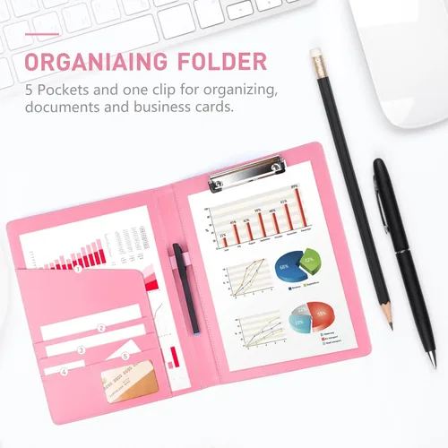 Miniatura 5 de Carpeta portapapeles rosa con bolígrafo – Geila PU cuero curriculum vitae cartera – Organizador de documentos de entrevista/legal y carpeta