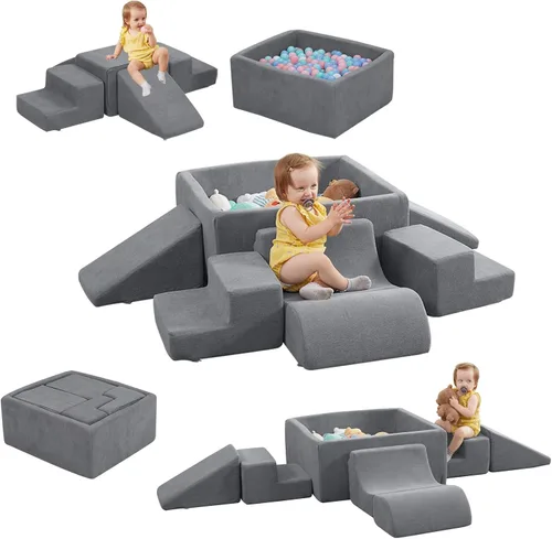 STAOLENE Bloques de escalada de espuma suave con pozo de bolas, 6 juguetes grises de escalada para niños pequeños, juego de actividades de escalada