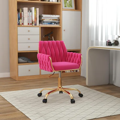 Miniatura 2 de Silla de terciopelo para oficina en casa, moderna silla de tocador de altura ajustable con base dorada y respaldo tejido a mano para dormitorio