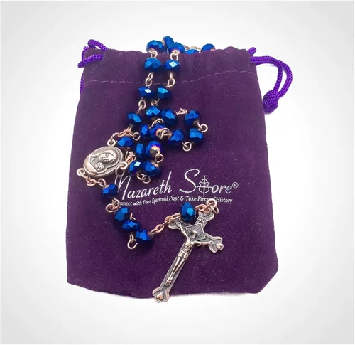 Miniatura 4 de Nazareth Store Collar de rosario de cuentas de cristal azul profundo, oración católica Jerusalén, medalla del suelo sagrado, cruz Tierra Santa