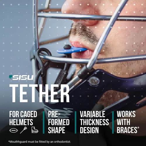 Miniatura 2 de SISU Protector bucal Tether - Protección preformada con correa para fútbol, hockey, lacrosse, deportes de casco enjaulado – Remoldable hasta 20