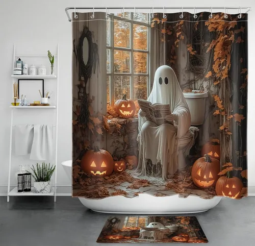 Miniatura 26 de LB Cortina de ducha espeluznante de Halloween, lindo fantasma en flores, árbol negro, luna llena, cortinas de ducha para baño, tela de poliéster