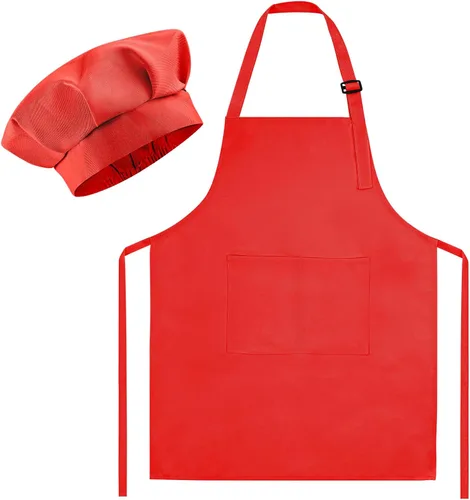 Miniatura 8 de Morcheiong Juego de gorro y delantal de chef para niños, delantal de pintura ajustable para niños y gorro de chef con 2 bolsillos para cocinar