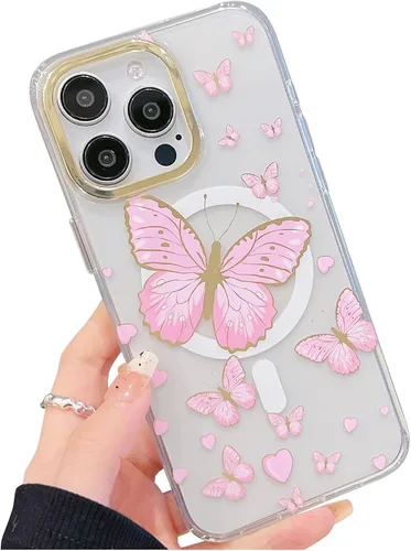 Miniatura 11 de Funda transparente con chispas brillantes para iPhone 15 Pro Max para mujeres y niñas, patrón de mariposas doradas, rosa y azul, funda protectora