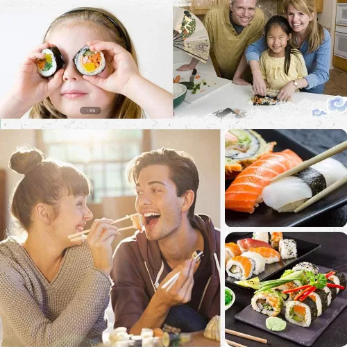 Miniatura 6 de Paquete de 4 alfombrillas de sushi de bambú natural de primera calidad, rodillo de sushi reutilizable y ecológico, perfecto para sushi casero Maki