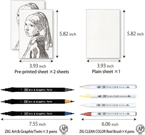 Miniatura 4 de Kuretake ZIG, colección de arte histórico acuarela W/J.VERMEER set con 7 pinceles de acuarela, hoja preimpresa, papeles para principiantes