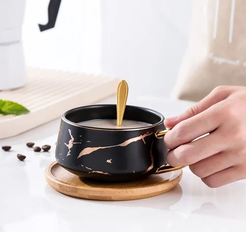 Miniatura 7 de Jusalpha Juego de taza de té de 10 oz con impresión de mano dorada y platillo/Juego de taza de café y platillo de bambú TCS19 (Negro)