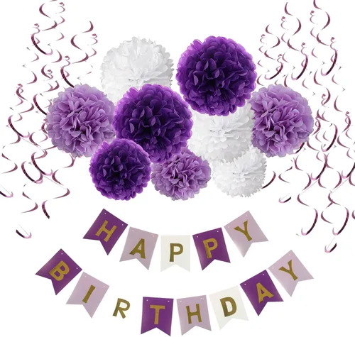 Decoraciones de cumpleaños, banderines con pompones de papel de seda y decoración de remolinos colgantes para fiesta, morado, lavanda y blanco