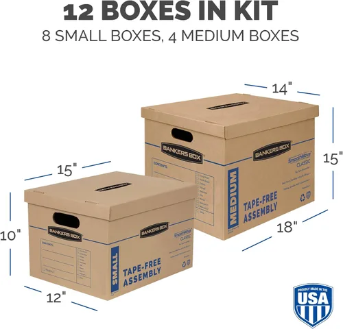 Miniatura 2 de Bankers Box Kit de 12 cajas de mudanza clásicas, asas reforzadas, ensamble sin cintas, caja con tapa, 8 pequeñas y 4 medianas (7716401)