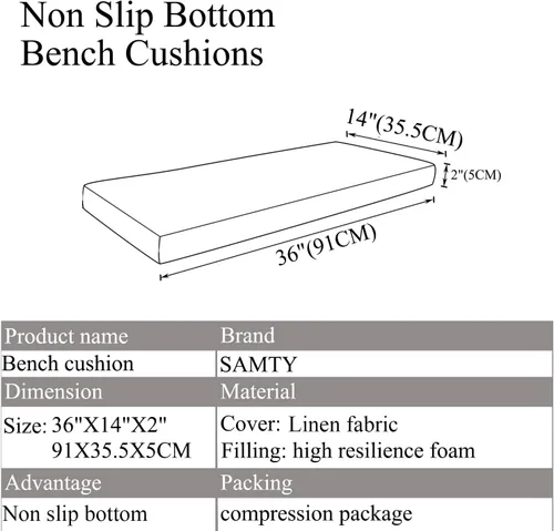 Miniatura 2 de Cojín de banco para almacenamiento de zapatos de interior, antideslizante, para asiento de ventana, cocina, comedor, cojines de 36 x 14 pulgadas
