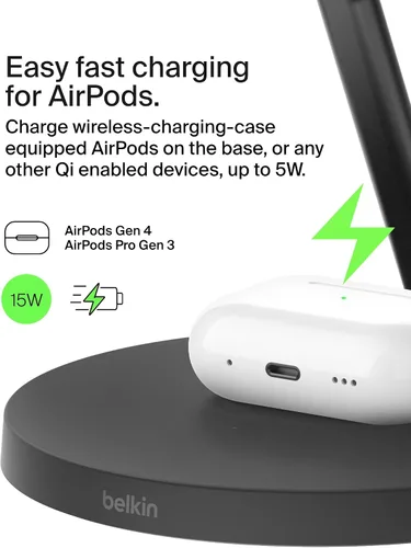 Miniatura 5 de Cargador compatible con MagSafe de Belkin, estación de carga inalámbrica 3 en 1, carga inalámbrica certificada Qi2 de 15 W para Apple iPhone serie