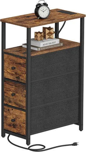 Miniatura 8 de TUTOTAK - Mesa auxiliar pequeña y estrecha con estación de carga; mesa de lado con tomas de corriente; mesita de noche con 2 cajones de tela; mesa