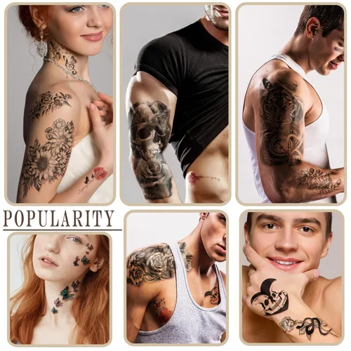 Miniatura 4 de Yazhiji 77 hojas de tatuajes temporales impermeables para niñas o niños, 17 hojas más grandes de medio brazo, lobo, tigre, león, tatuajes falsos