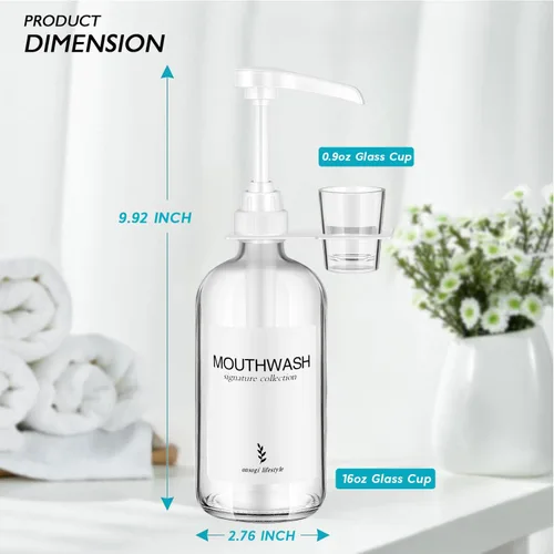 Miniatura 3 de Dispensador de enjuague bucal de vidrio con portavasos y bomba, dispensador de enjuague bucal rústico bohemio de 16 oz para decoración de baño