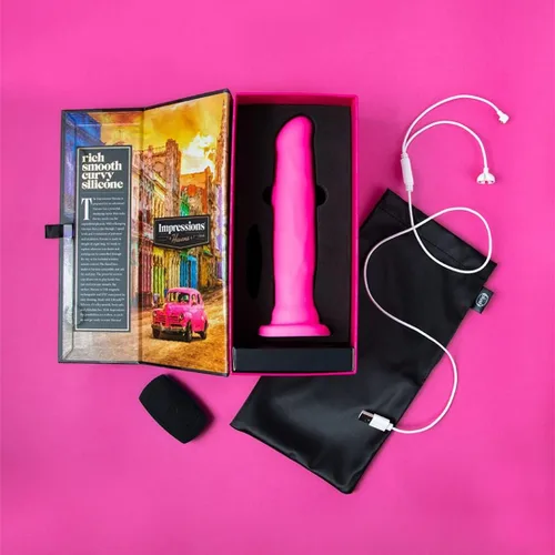 Miniatura 5 de Blush Impressions Havana - Consolador vibratorio de silicona de 8 pulgadas, control remoto inalámbrico de 4 vías, juego con correa, IPX7, Rosa