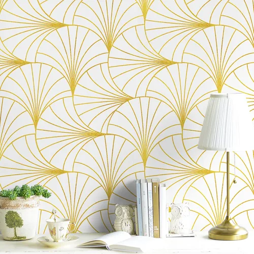 Miniatura 9 de Safiyya Papel tapiz despegable y adhesivo de 393" x 17.7 pulgadas, papel de contacto dorado blanco, autoadhesivo, removible, papel tapiz moderno