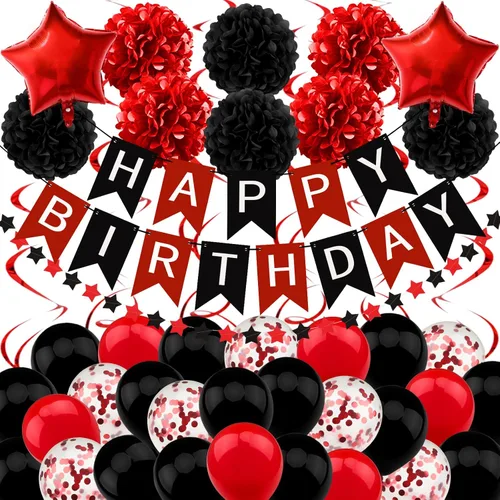 Decoraciones de cumpleaños negro y rojo – Cartel de feliz cumpleaños para niños, niñas, hombres y mujeres, suministros de fiesta