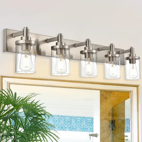Miniatura 7 de Lámpara de tocador moderna negra para baño, 5 luces de baño, sobre espejo con pantalla de vidrio transparente, lámpara de montaje en pared, luces