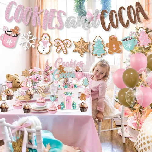 Miniatura 6 de Decoraciones de fiesta de galletas y cacao, banner de galletas rosas y cacao, banner navideño de hombre de jengibre, globos para adorno de pastel