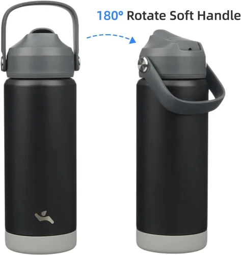 Miniatura 6 de Konokyo Botella de agua aislada con tapa de pajilla, botella de metal al vacío de acero inoxidable de 18 onzas con mango de silicona, color negro