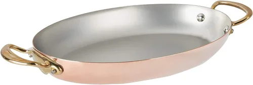 Mauviel M'150 B - Sartén ovalada de cobre pulido y acero inoxidable con asas de latón, 11.8 pulgadas, fabricada en Francia