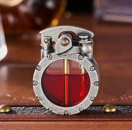 Miniatura 11 de YANCONG - Encendedor de tanque de combustible transparente visible vintage antiguo de queroseno hecho a mano redondo cobre Plateado (sliver)