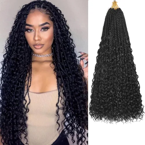 Miniatura 17 de Flagship 9 Paquetes Goddess Box Braids Cabello de Ganchillo para Mujeres Negras - 10 Pulgadas Pre-enrollado con Puntas Rizadas, Estilo Bohemio