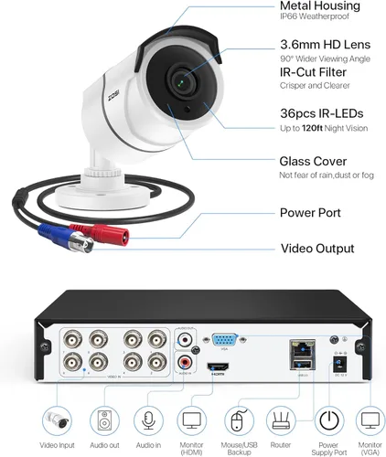 Miniatura 8 de ZOSI Sistema de cámara de seguridad para el hogar con audio, 5MP Lite 8 canales H.265+ CCTV DVR con disco duro de 1 TB, 8 cámaras de vigilancia